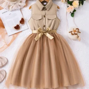 Collared Dress with Tulle Skirt and Satin Bow Belt