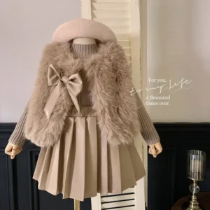 3pcs Set Furry Coat, Knit Top, & Pleated Leather Skirt
