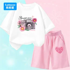 Summer Kids Clothes Set Girls Cartoon Floral Camera Printed Short Sleeve T-Shirt Top And Shorts Bottom 2pcs Suit Outfits XJ1