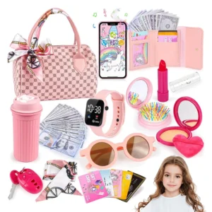 Funny Play Purse for Girls Princess Gifts Play Purse Set Top Handle Bag Cell Phone/Makeup/Water Bottle Christmas Birthday Gift