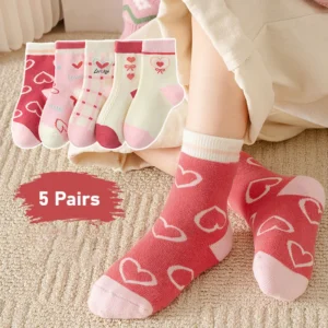 5 Pairs Autumn Winter New Girls Ins Style Cute Sweet Printed Lace Children Fashion Everything Comfortable Warm  Cotton Socks