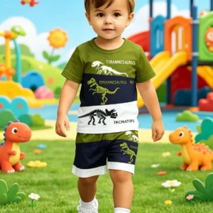 Cool Style Dinosaur Skeleton Print Boys Short Sleeve Shorts Set New Arrival